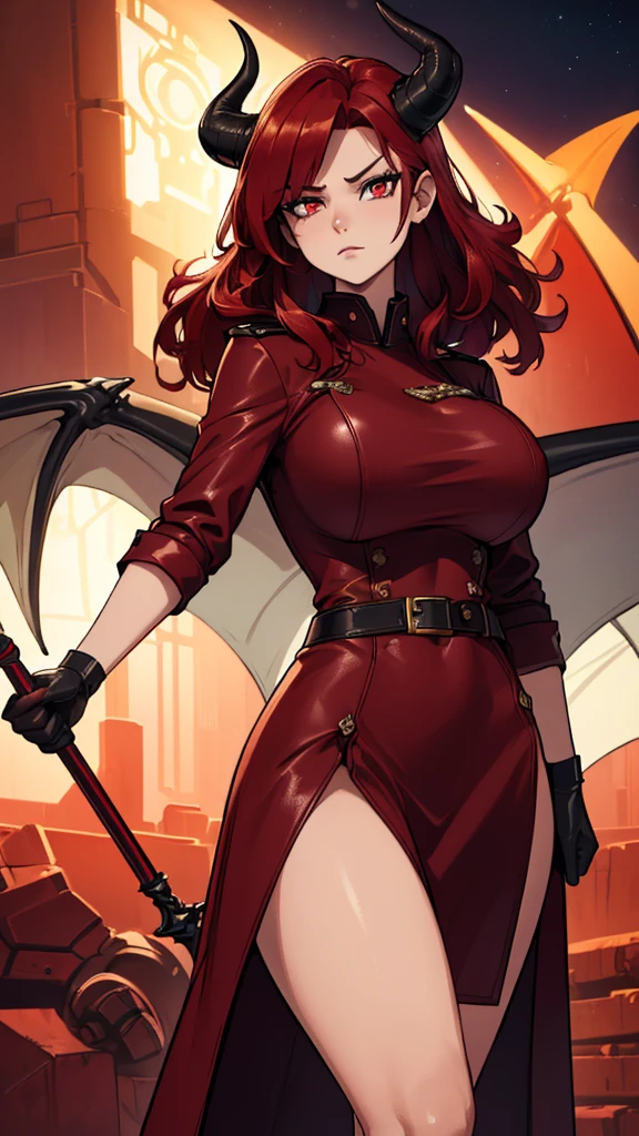 Masterpiece: 1.3, 1 girl ((25 years old, dressed in a tight military burgundy leather dress, with a mighty spear in her hand. huge breasts, long bright red hair, beautiful face, perfect model body, large dragon horns, bright red eyes: 1.4, cold-blooded and neutral face, looking at the girl:1.2, red lights in the background at night: 1.1, beautiful and energetic atmosphere:1.2))