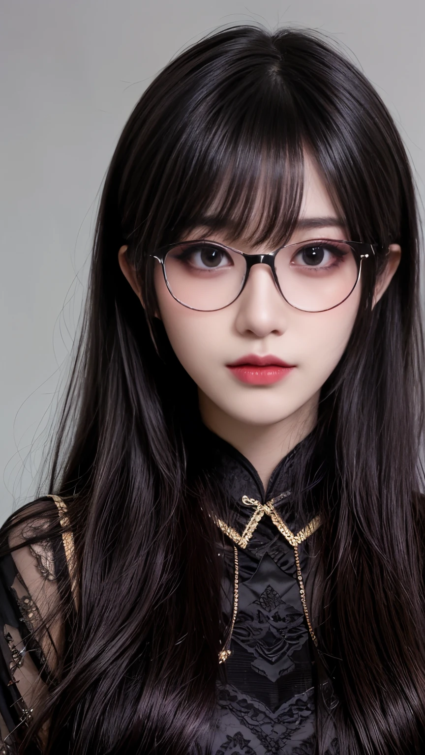 background（Black night sky，Big Moon），Close-up of a woman，Wearing a white shirt、((Black-rimmed glasses))、Purple Hair，Very long hair，very thick braids，Purple eyes，big ， realistic girl rendering, 8k artistic german bokeh, Enchanting girl, Real Girl, Gurwitz, Gurwitz-style artwork, Girl Roleplay, Realistic 3D style, cgstation Popular Topics,, 8K Portrait Rendering,（truth，truth：1.4），巨big ，Sparkling eyes，Purple eyes、Captivating beauty、Attractive adult woman、Beautiful woman、Cool girl、evil female、Brainwashed、brainwashing、Fallen into evil、Grin、Evil expression、Evil smile、evil、Brown Hair、Wavy Hair、Swept-apart bangs、Heavy makeup、Heavy makeup、Sharp Eye、Hollow Eyes,Half-closed eyes、Hollow Eyes、Purple Eyeshadow、Black lipstick、Black lip gloss、Long black cheongsam、Wide sleeves、night、Spooky Fortressscape Brush、Compensate、Are standing、