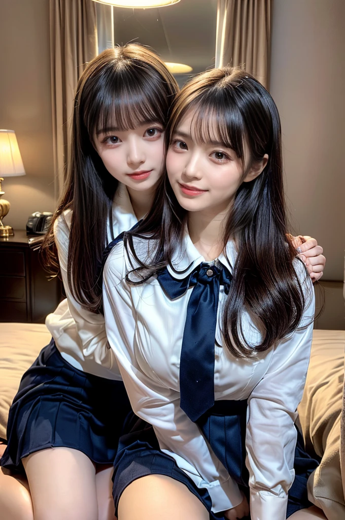 ((Four schoolgirls sitting on bed,Sit across from me,Look at me affectionately fascinated、Enraptured look,Trance,Everyone sees the camera perfectly,1 beautiful girl who is half Spanish,a blond,Brown hair,A dark-haired,photoRealstic,Luxury hotel bed taken from the lap,Same uniform,japanese,4 schoolgirls,Play with each other,Touching each other's bodies,Touching the body of the girl next door,4 Close contact,Very hilarious pose)),(Navy blue skirt in a sailor suit、Red ribbon and white shirt,Same ,large full breasts,very huge round breasts,Beautiful makeup,glitter makeup,Cutest 18 years old)),((Realistic lighting,during daytime,The background is a luxury hotel room,A detailed face,perfect teeth,White teeth,finerly detailed face,Beautiful face,an ecstatic look on one's face,Perfect fingers,Accurate 5 fingers,high-definition RAW color photography, professional photograpy, extremely delicate and beautiful, Extremely detailed,finely detail, Huge file size,Top image quality,8K))