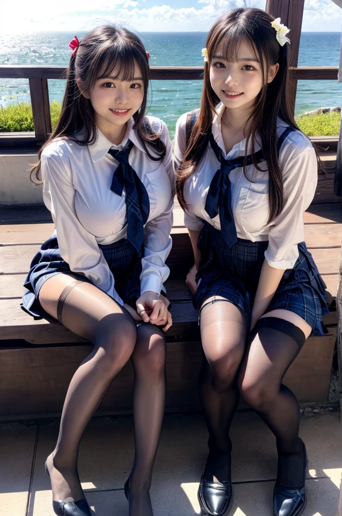 (High girls inside suite room:1.4, 17 yea faces:1.5, triangular face, sitting on gorgeous bed), looking at viewer, ((embarrassed:1.3, smile:1.1)), shy smile, open mouth, silky skins, natural makeup, glossy lips, group shot, (sexual suggestive:0.7), (identical school uniform:1.5, white shirt open chest, see through , both hand on breast:1.24), (naked :0.2), (3 girls:1, perfect style, full body), ((slender body)), (pleated plaid skirt, show panties), (raw photo:1.4),(( legs wide open, ribbons, pantyhose:1.2)), (gentle light, 16k wallpaper, raw photo, idol), BIBE, (wide window with ocean scenery, expensive furniture:1.3, sheets on floor:1.4, flowers in planter), (very huge round breasts)