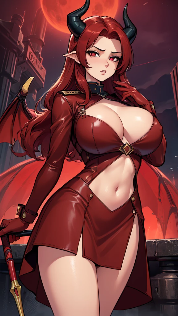 Masterpiece: 1.3, 1 girl ((25 years old, dressed in a tight military burgundy leather dress, with a mighty spear in her hand. huge breasts, long bright red hair, beautiful face, perfect model body, large dragon horns, bright red eyes: 1.4, cold-blooded and neutral face, looking at the girl:1.2, red lights in the background at night: 1.1, beautiful and energetic atmosphere:1.2))