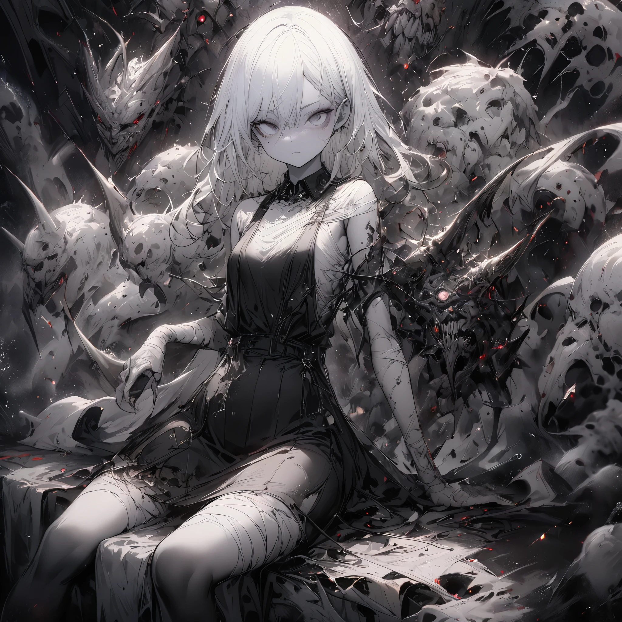 Nardak,Raw, (Complex and meticulous), 1 Girl, Solitary, Pale skin, Poker face, (Black Cotton Waist Sling Dress:1.1), White long-sleeved folded collar solid color shirt + tie +Suspender A-line skirt, Black tights, High heel, Bandages can slim waist, (Dark Fantasy:1.2), (Final Boss:1.25), White horror theme, Magnificent, ((Wonderful illustrations)), (Detailed splash),