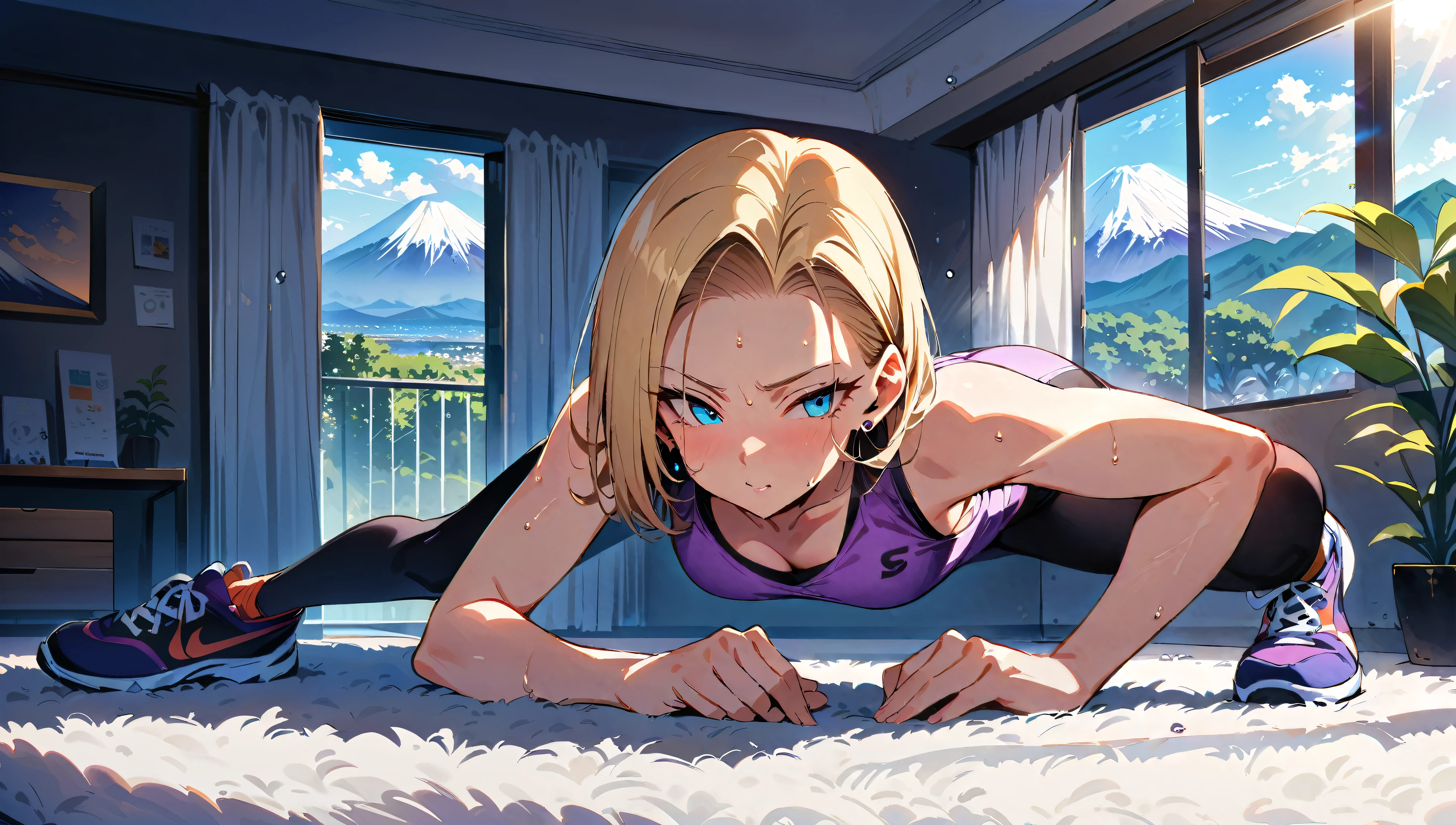 (masterpiece, best quality:1.2), frontal full body shot, Android 18 from Dragon Ball, (doing a plank), wearing (purple training wear, e.g. sports bra and leggings), purple training shoes, (white over-ear headphones), short blonde hair, her sweaty forehead, blue eyes, detail eyes, earrings on earlobes, detail face, sweating, slender feminine figure, legs fully extended, narrow waistline, modern feminine room with white decor, white plush rug, potted plants, daylight streaming in through large windows, Mount Fuji and sun in the distance, morning, 4K