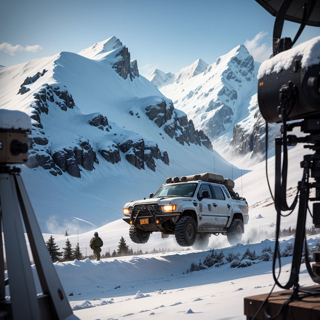 (best quality,4k,8k,highres,masterpiece:1.2),ultra-detailed,HDR,UHD,studio lighting,ultra-fine painting,sharp focus,physically-based rendering,extreme detail description,professional,vivid colors,bokeh,sculpture-like,icy blue hue,spotlight illumination,blurred background,[foggy], [snow-covered], [crisp air], [military vehicles], [helicopters flying], [guard towers], [satellite dishes],[snow-covered terrain],[command center],[military aircrafts], [icy winds], [audio signals],[stealth technology],[high-tech surveillance],[classified equipment],[mission briefing room],[aircraft hangar],[training grounds and obstacle courses], [strategic planning], [communication center],[explosions in the distance],[intense training exercises].