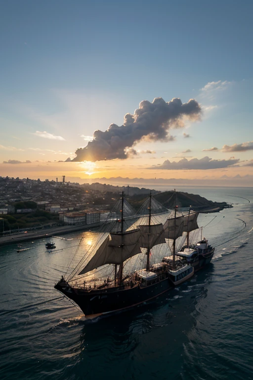 Crie uma imagem de um porto de 1910 em Los Angeles com navios e caravelas antigas durante o por do sol