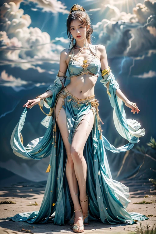 Masseter piece,(best quality:1.3),Ultra high resolution,raw photos,Fine skin,beautiful light,(realistic, Virtual image:1.4), Dunhuang, 1 girl comes in, Full body, stand, unevenness of the skin, beautiful expression、detailed face、perfect proportions、big breasts、big breastsเอวบาง、navel、Target gap、thighs thighs thighs thighs、Fascinating、attractive woman, Sexy style, Dunhuang_background,(dynamic poses:1.2), bright clothing、thunder、thunder、rain、Wet skin、