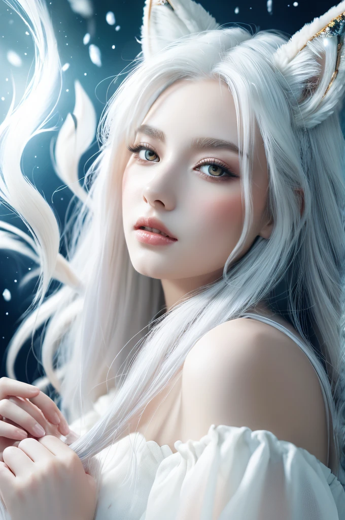 ( masterpiece, top quality, best quality,8k,17 years old girl,ultra detailed,raw photo:1.5),(photorealistic:1.4),(cinematic lighting), PerfectNwsjMajic, , Surrealism, UHD, ccurate, Super detail, textured skin, High detail, Best quality, dynamic angle, (high nose,White skin),[Beautiful blue eyes],[flat chest:large breasts:0.5],(1girl),(good anatomy:0.5)), Nine snow-white fox tails (1.0), Milky white fox tail (1.0), Close-up of nine-tailed fox, Nine tails, Nine tails，There are flowers on the hair, Very beautiful fox girl, Beautiful anime fox girl, Beautiful fantasy, guweiz, girl with fox ears, Very beautiful and charming fox girl, flower rain, The background  blurred, Artistic interpretation,a whimsical illustration, Subtle colors and tones, mystical aura,white hair, vixen , hairstyle