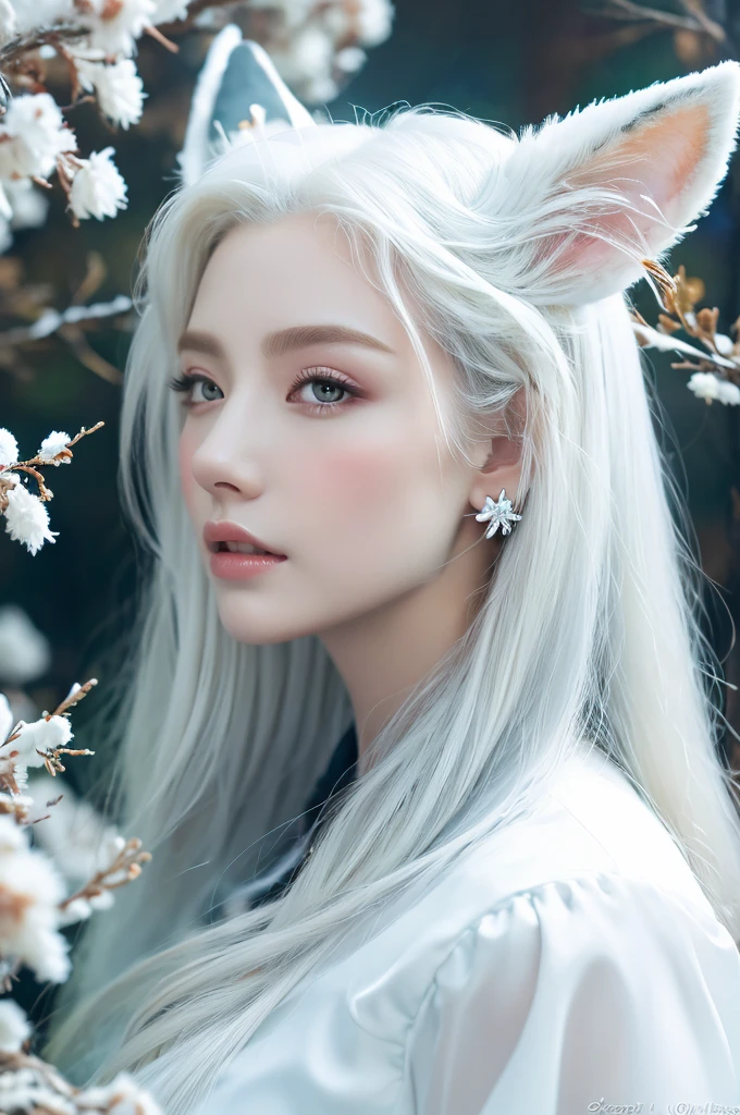 ( masterpiece, top quality, best quality,8k,17 years old girl,ultra detailed,raw photo:1.5),(photorealistic:1.4),(cinematic lighting), PerfectNwsjMajic, , Surrealism, UHD, ccurate, Super detail, textured skin, High detail, Best quality, dynamic angle, (high nose,White skin),[Beautiful blue eyes],[flat chest:large breasts:0.5],(1girl),(good anatomy:0.5)), Nine snow-white fox tails (1.0), Milky white fox tail (1.0), Close-up of nine-tailed fox, Nine tails, Nine tails，There are flowers on the hair, Very beautiful fox girl, Beautiful anime fox girl, Beautiful fantasy, guweiz, girl with fox ears, Very beautiful and charming fox girl, flower rain, The background  blurred, Artistic interpretation,a whimsical illustration, Subtle colors and tones, mystical aura,white hair, vixen , hairstyle