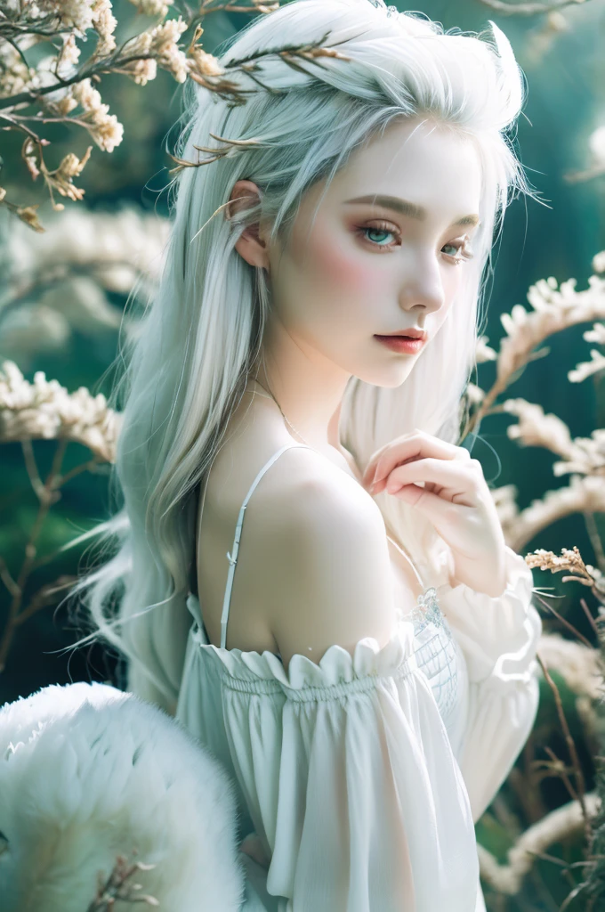 ( masterpiece, top quality, best quality,8k,17 years old girl,ultra detailed,raw photo:1.5),(photorealistic:1.4),(cinematic lighting), PerfectNwsjMajic, , Surrealism, UHD, ccurate, Super detail, textured skin, High detail, Best quality, dynamic angle, (high nose,White skin),[Beautiful blue eyes],[flat chest:large breasts:0.5],(1girl),(good anatomy:0.5)), Nine snow-white fox tails (1.0), Milky white fox tail (1.0), Close-up of nine-tailed fox, Nine tails, Nine tails，There are flowers on the hair, Very beautiful fox girl, Beautiful anime fox girl, Beautiful fantasy, guweiz, girl with fox ears, Very beautiful and charming fox girl, flower rain, The background  blurred, Dreamy atmosphere,mystical ambiance, Artistic interpretation,a whimsical illustration, Subtle colors and tones, mystical aura,vixen , hairstyle