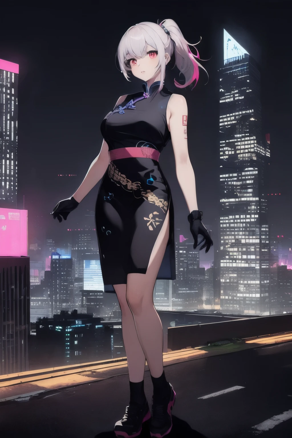 anime, (artwork, best quality, ultra-detailed, high contrast), 1 woman (Alone, full body, plus size body, standing on the edge of the skyscraper, silver hair, LONG In a ponytail, red eyes ruby stretches, (black qipao, black cybernetics with neon pink), transparent black socks), (skyscraper roof, overlooking a city, detailed background ((night time, Darkness, low light pollution)))