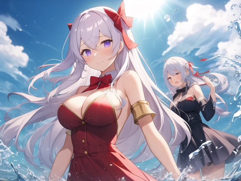 Gorgeous light and shadow, Backlight, 3 Girls,Valkyrie， Blunt side bangs, Hair between the eyes, Purple Eyes, Delicate face, ribbon, Red and gold dress, bow tie, Buttons, Bare shoulders, Detached sleeves, (Large Breasts), ((微wind)), Splashing splashes, wind, Flowing long hair, (shattered glass), Red, pink and white hair, Flying water, hair covering your body, Flying red ribbon, (水墨画wind格), [:(Slender arms and hands):0.8]，
