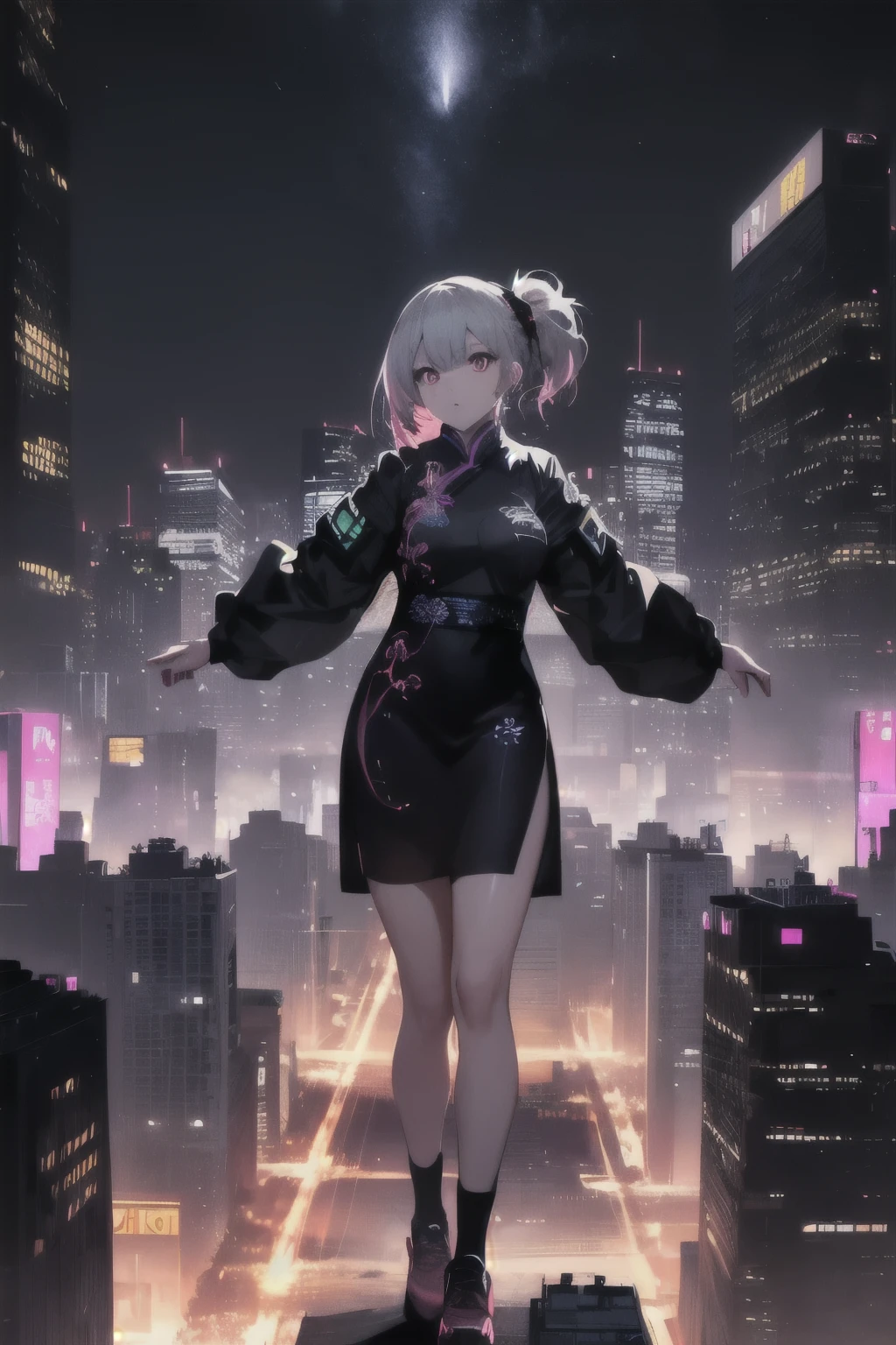 anime, (artwork, best quality, ultra-detailed, high contrast), 1 woman (Alone, full body, plus size body, standing on the edge of the skyscraper, silver hair, LONG In a ponytail, red eyes ruby stretches, (black qipao, black cybernetics with neon pink), transparent black socks), (skyscraper roof, overlooking a city, detailed background ((night time, Darkness, low light pollution)))