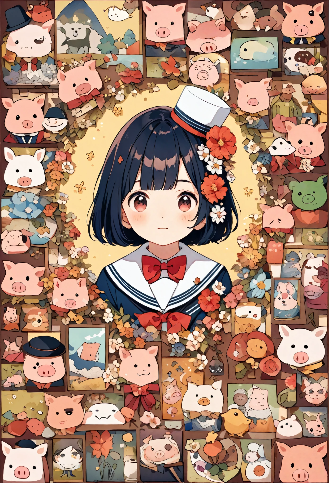 Create an illustration of a character with short hair and a sailor-style , featuring a red bowtie and a flower adornment in the hair. Next to the character, include a cute pig with exaggerated features, wearing a small hat and bowtie. Set them against a background that suggests a collage of various illustrations or images.