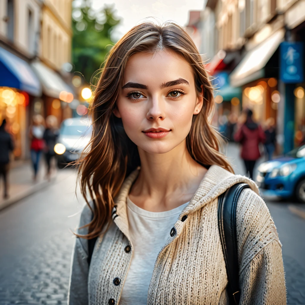 A young woman standing on the street, blur background, beatiful, photorealistic