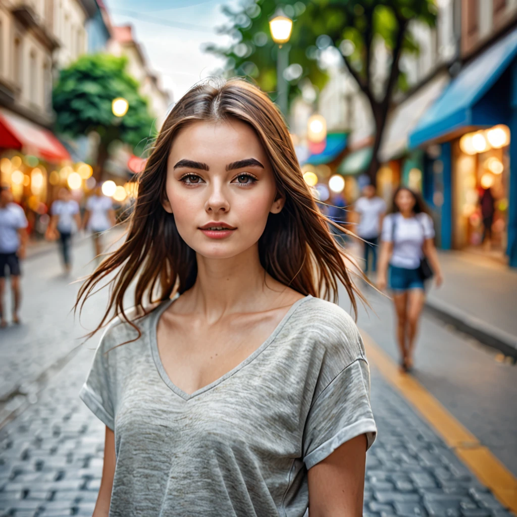 A young woman standing on the street, blur background, beatiful, photorealistic