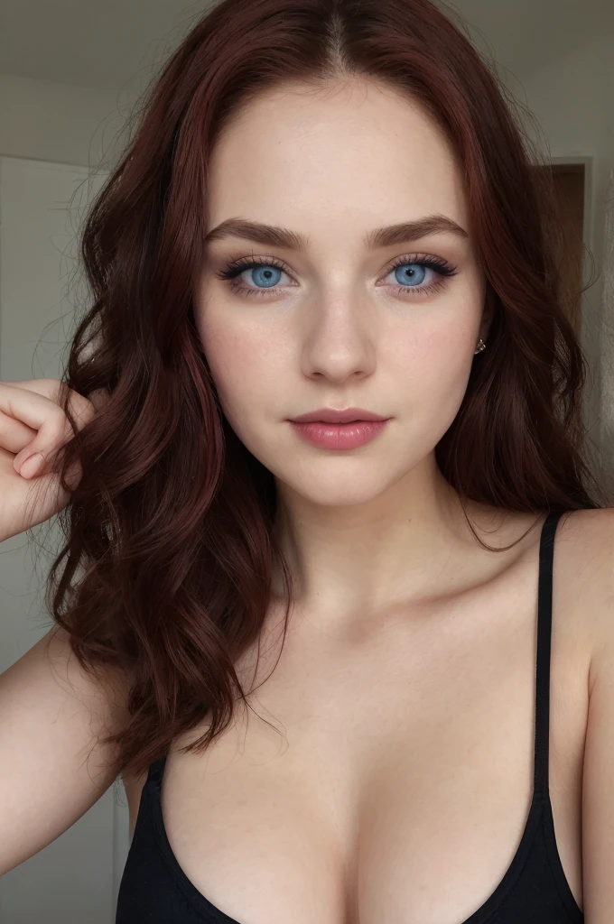 (face and bust portrait),blue eyes, eyeshadow, pupils, eyelashesmeyebrows, nose, bold lips, smile, face,dark red hair,straight hair,1girl,18 years old,beautiful face,black tank top,the top is black,spaghettie straps,big breasts,cleavage,