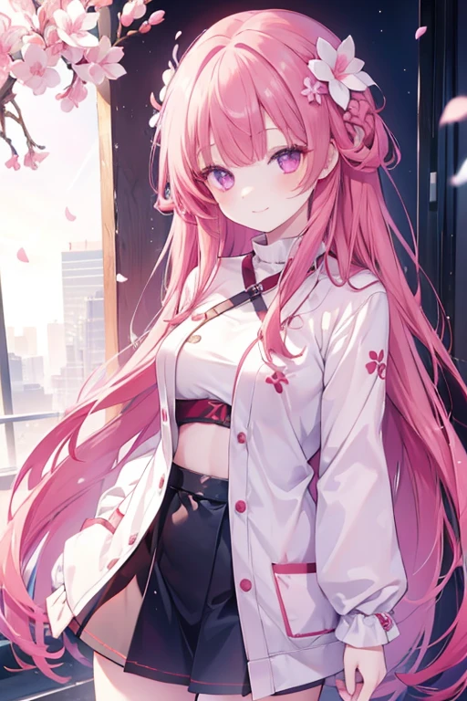 1 girl,Red hair,Glowing purple eyed,Ultra detailed eyes,Casual outfits,melody clips,magnolia flower on hairs,long hair,smile warmly(((8k)))narrow-eyed