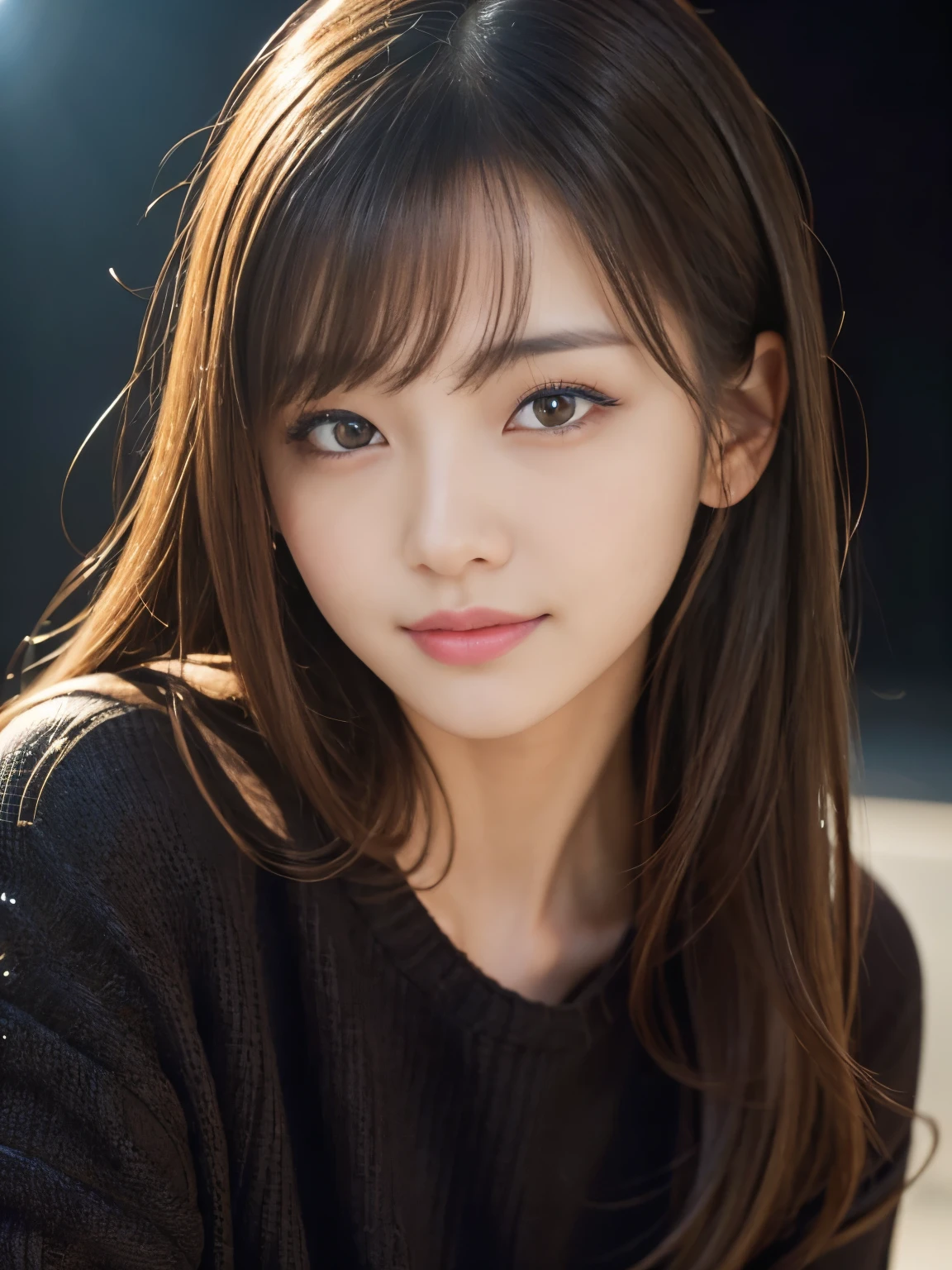 masterpiece, best quality, ultra-detailed, (17 years old), intricately detailed hyperdetailed, realistic, sharp features, highly detailed, sharp focus, perfect face, perfect face, perfect symmetrically perfect eyes, perfect full lips, flexible female form, cinematic, film light, hyper detailed, hyper realistic, high resolution, vibrant, dynamic studio lighting, (Dark background), Sexy face, goddess-like happiness
, cheerful, straight Bangs, brown Eyes,black sweater, cowboy shot,