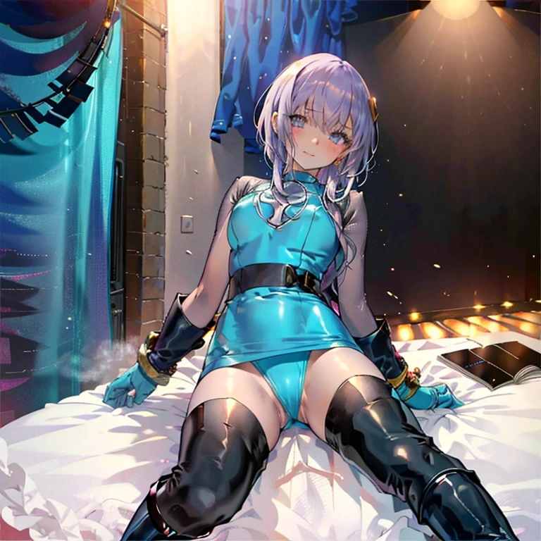 highest quality,Lie on your back in bed,Bow-legged,Show me your boots,Thigh-high boots,leotardチラ見せ,Gloves,elegant, 1 girl, leotard,Bodysuits,cute, Blushed, Looking at the audience, From below,Beautiful Eyes, Beautiful background, Particles of light, Dramatic lighting, outside, Shiny, Realistic, Tabletop, highest quality, Very detailed, Get used to it, scenery, Beautiful and detailed, Thin Hair,Full Body Shot,
