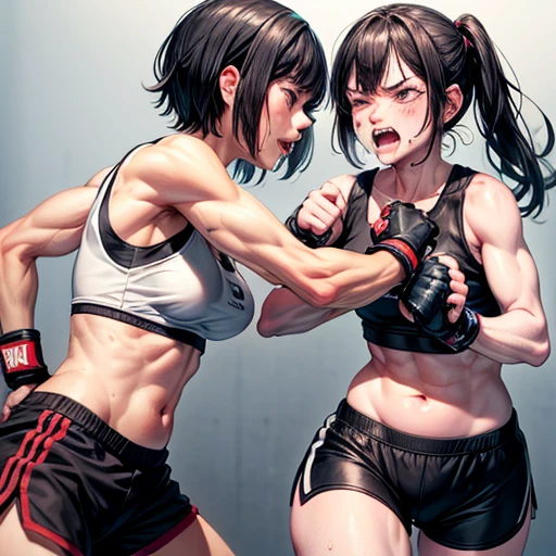 Drenched in sweat and covered in bruises, she is in a mixed martial arts ring against a female fighter. Her opponent woman pushing her poor belly by a fist. One eye closed and mouth open, she is gasping for breath and drooling. She is a cute Japanese high school girl with short-cut black hair. She is wearing a sports bra, high-leg shorts, and open-finger gloves. Small breasts, poor belly, slender body, poor body.