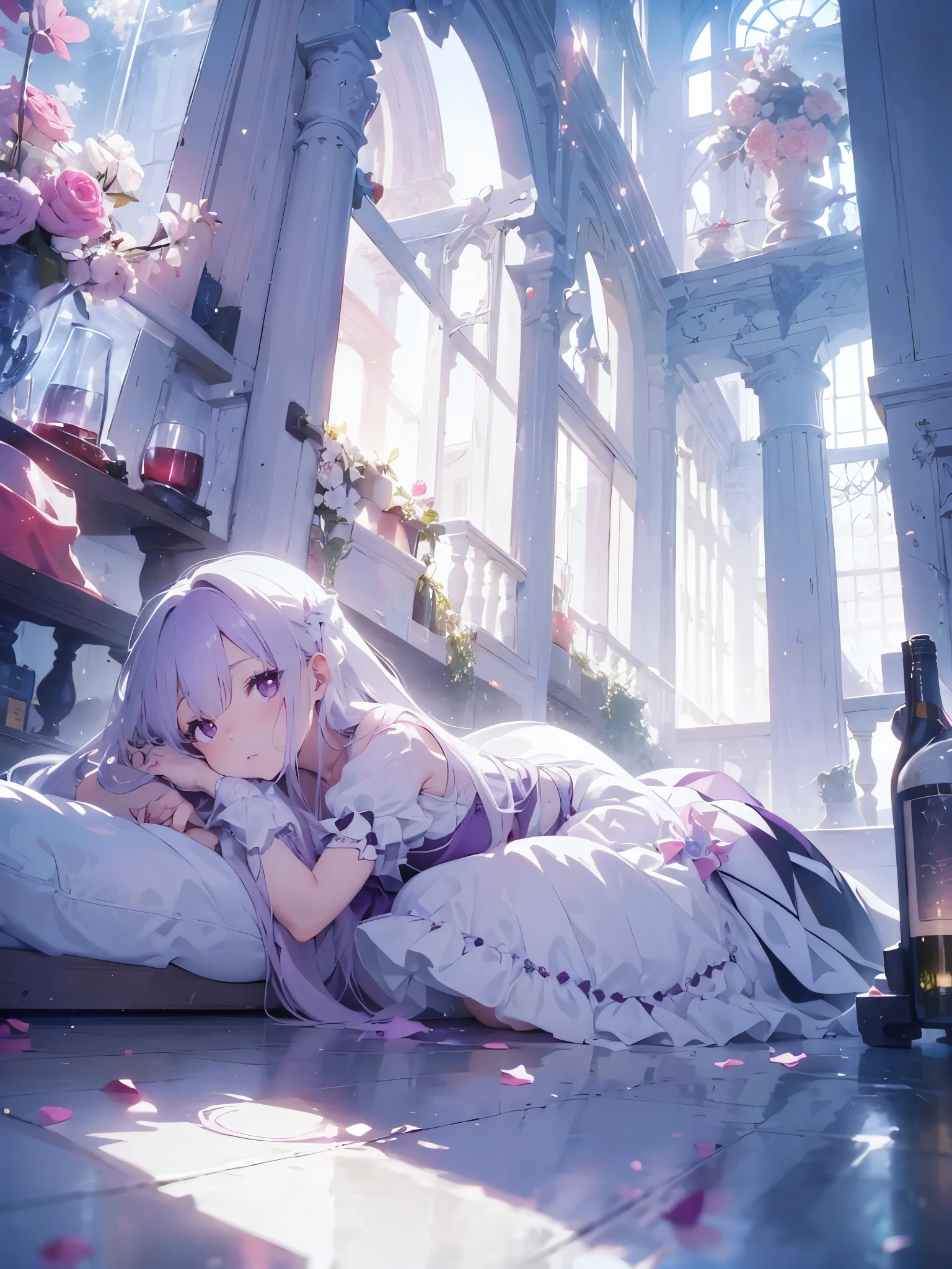 Sleeping Beauty of the Infinite Corridor (White Background:1.5)A girl drinking from a wine glass and getting tipsy, Wearing a princess dress、Long purple hair, Pale red eyes, Embarrassing