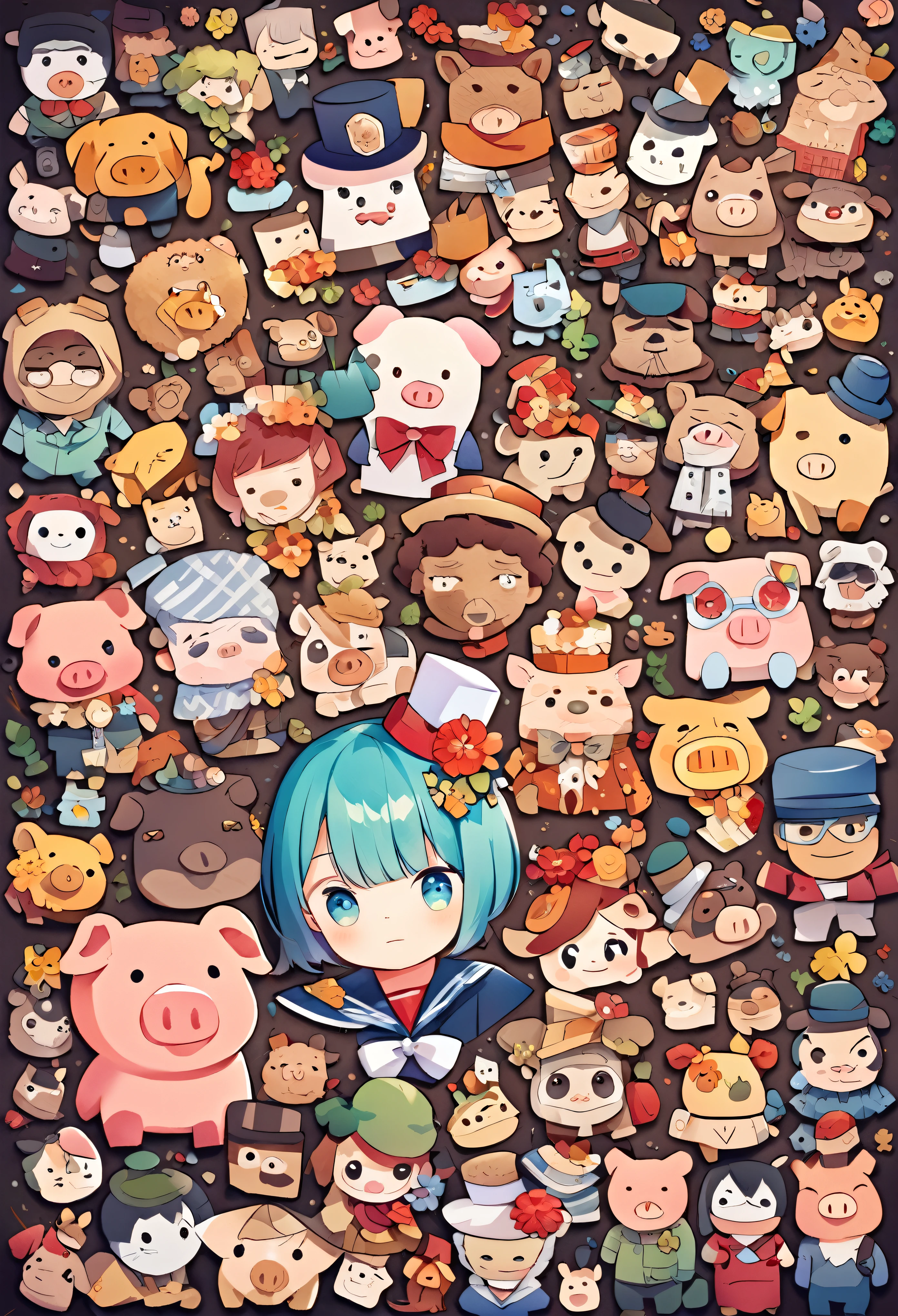 Create an illustration of a character with short hair and a sailor-style , featuring a red bowtie and a flower adornment in the hair. Next to the character, include a cute pig with exaggerated features, wearing a small hat and bowtie. Set them against a background that suggests a collage of various illustrations or images.