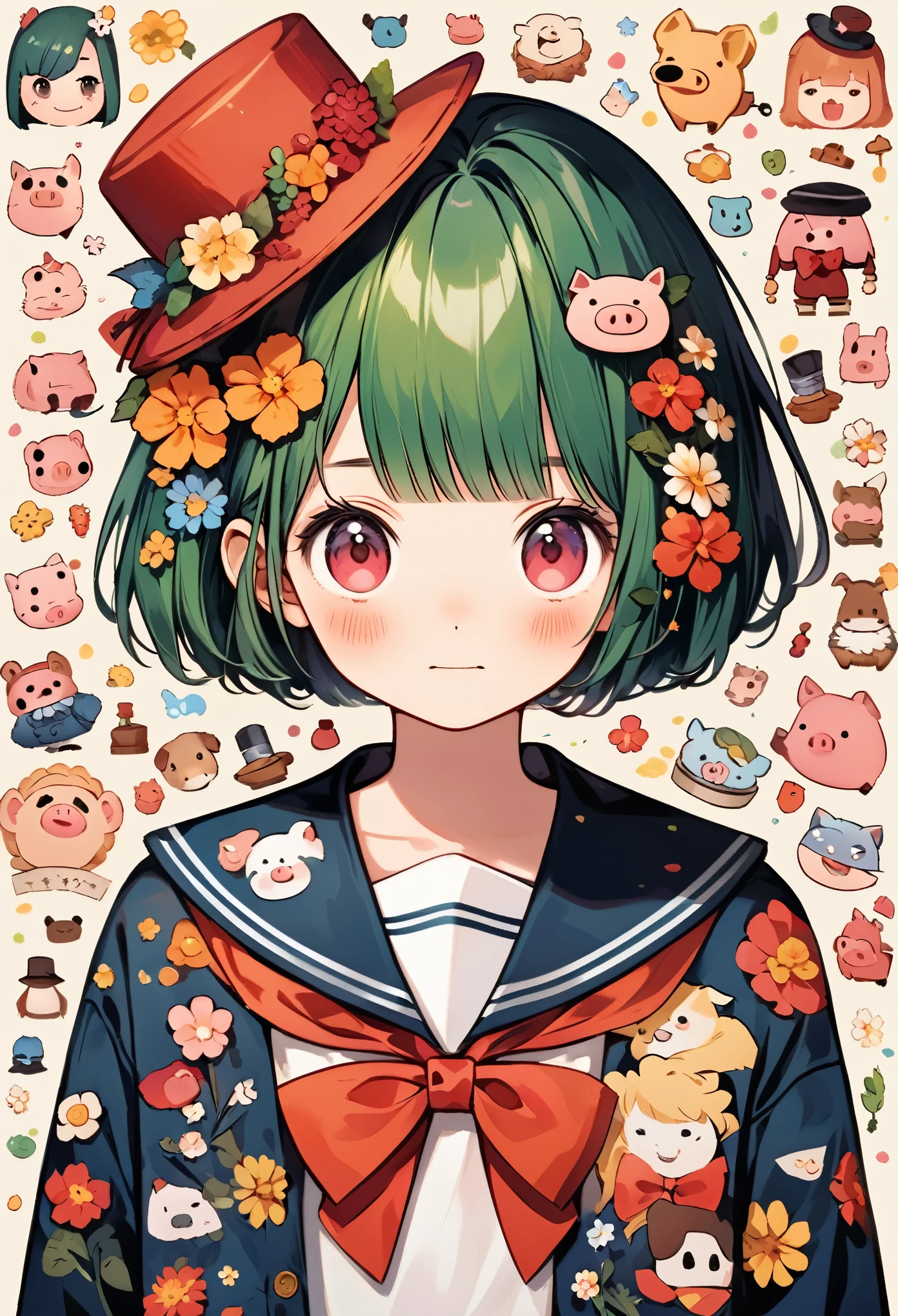 Create an illustration of a character with short hair and a sailor-style , featuring a red bowtie and a flower adornment in the hair. Next to the character, include a cute pig with exaggerated features, wearing a small hat and bowtie. Set them against a background that suggests a collage of various illustrations or images.