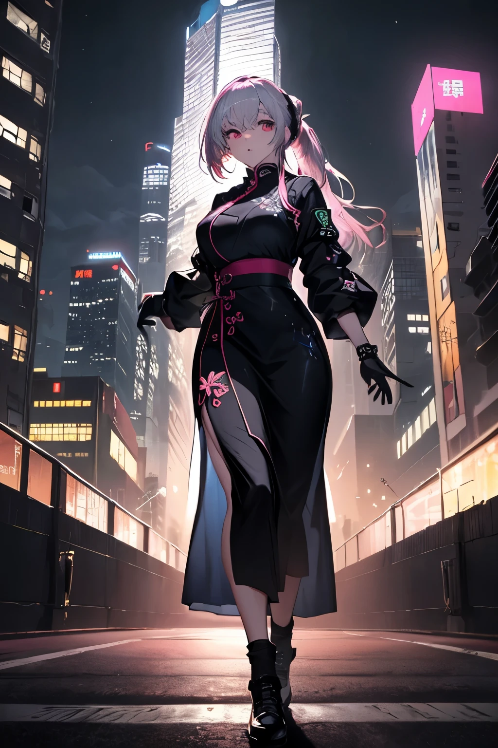 anime, (artwork, best quality, ultra-detailed, high contrast), 1 woman (Alone, full body, plus size body, standing on the edge of the skyscraper, silver hair, LONG In a ponytail, red eyes ruby stretches, (black qipao, black cybernetics with neon pink), transparent black socks), (skyscraper roof, overlooking a city, detailed background ((night time, Darkness, low light pollution)))