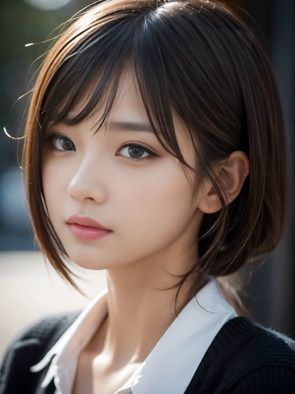 masterpiece, best quality, ultra-detailed, (), intricately detailed hyperdetailed, realistic, sharp features, highly detailed, sharp focus, perfect face, perfect face, perfect eyes, perfect lips, flexible female form, cinematic light, hyper detailed, hyper realistic, high resolution, vibrant, (Dark background), goddess-like happiness
, cheerful, straight Bangs, brown Eyes,black sweater, cowboy shot,