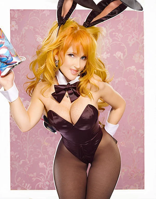 (masterpiece, best quality:1.2), 1girl, standing, holding, winking, dark red hair, wearing bunny suit, bunny years, cleavage, leotard, leaning looking at viewer, realistic