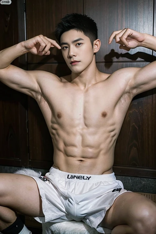 （Handsome Chinese guy：1.5）Libido boy，sexy boxers, shirtless, lifted arms, spread legs, sitting, pubes，Brush cut，Textured skin，looks into camera，18-year-old boy，Studio，danshi koukousei，Muscle role，Perfect shadow body，Gigachad muscle，The trend is at CGSTATION，Hero male pose，