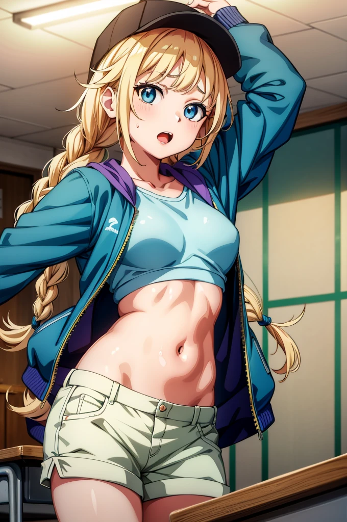 a girl in a green cap standing in between chairs looking at the camera, 1girl, breasts, shorts, solo, navel, blue eyes, long hair, braid, indoors, baseball cap, jacket, hat, classroom, open clothes, twin braids, looking at viewer, green jacket, short shorts, arms up, open mouth, open jacket, desk, stomach, sweat, medium breasts, school desk, white shorts, bangs,chichibukuro,more_details:-1, more_details:0, more_details:0.5, more_details:1, more_details:1.5,Eiko Tsukimi, blue eyes, braid, twin braids, blonde hair, semi long hair