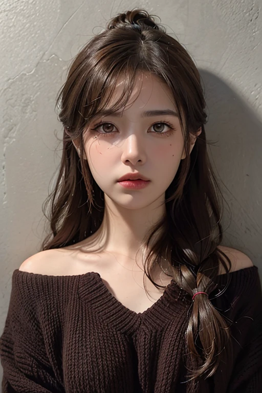 Best quality, masterpiece, ultra high res, (photorealistic:1.4), raw photo, (Authentic skin texture:1.3), (film grain:1.3), panorama, character portrait, very wide shot, narrow waist, cowboy shot, (in the dark, deep shadow, low key, cold light,) night, close-up, streaming tears,
indoor, dust, Tyndall effect, sad, disappointed, gloom (expression), sitting, (against wall), crying, frown, (head bowed), lonely,
1girl, beautiful detailed eyes and face, brown eyes,Red rough knit