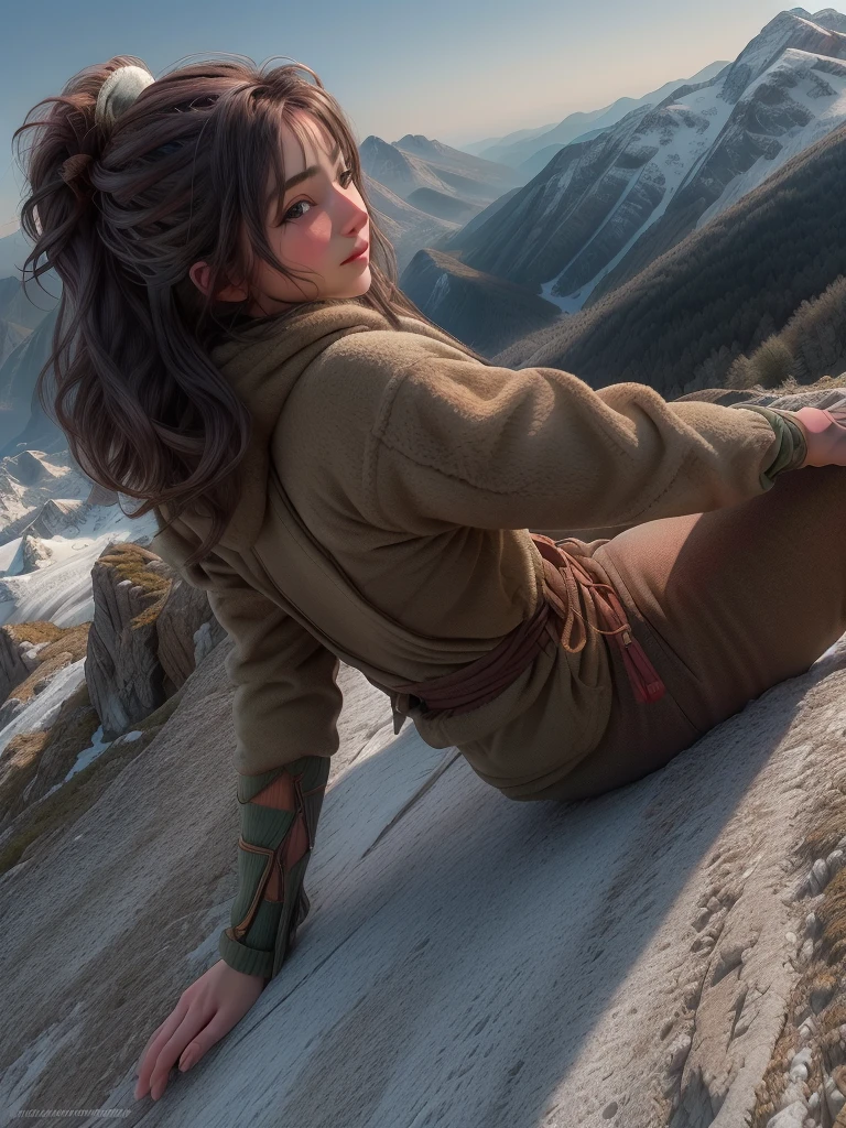 highest quality, masterpiece, Highly detailed background, Majestic Mountain々Back view of a girl climbing a hill, ((Winter mountaineer style clothing)), A person stretching out in the sunlight shining in from the mountaintop, Beautiful landscape in earth tones, Bright prospects, Expressions that give viewers a gentle feeling, Focus on the landscape、Make portrait smaller..