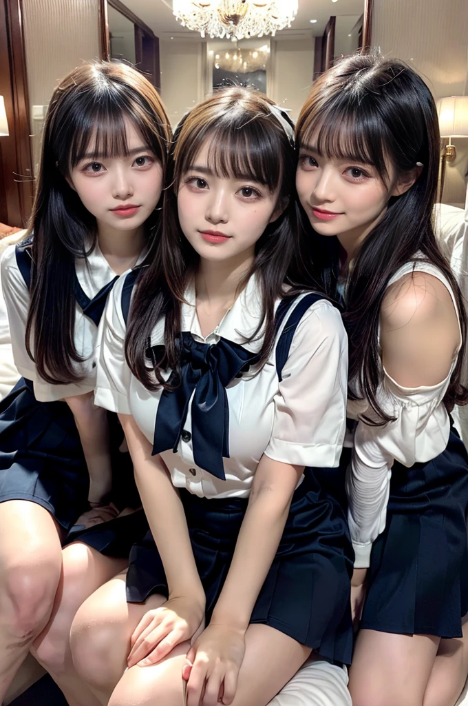 ((Four schoolgirls sitting on bed,Sit across from me,Look at me affectionately fascinated、Enraptured look,Trance,Everyone sees the camera perfectly,1 beautiful girl who is half Spanish,a blond,Brown hair,A dark-haired,photoRealstic,Luxury hotel bed taken from the lap,Same uniform,japanese,4 schoolgirls,Play with each other,Touching each other's bodies,Touching the body of the girl next door,4 Close contact,Very hilarious pose)),(Navy blue skirt in a sailor suit、Red ribbon and white shirt,Same ,large full breasts,very huge round breasts,Beautiful makeup,glitter makeup,Cutest 18 years old)),((Realistic lighting,during daytime,The background is a luxury hotel room,A detailed face,perfect teeth,White teeth,finerly detailed face,Beautiful face,an ecstatic look on one's face,Perfect fingers,Accurate 5 fingers,high-definition RAW color photography, professional photograpy, extremely delicate and beautiful, Extremely detailed,finely detail, Huge file size,Top image quality,8K))