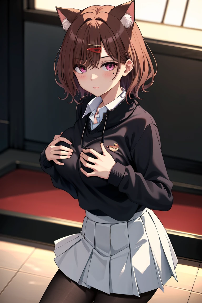 Best quality, higher, 1 Girl, Higuchi Madoka, Lace pantyhose, skirt, Brown hair, Moles under the eyes, birthmark, Hair accessories, Hairpin, Pleated Skirt, Short and delicate hair, , Long sleeve, By Bangs, sweater, , 黑色sweater, Black tights, 灰色skirt, Collared shirt, Purple Eye, Cowboy lens,(grabbing breast:1.4), Looking at the audience, Poker face,Cat ear