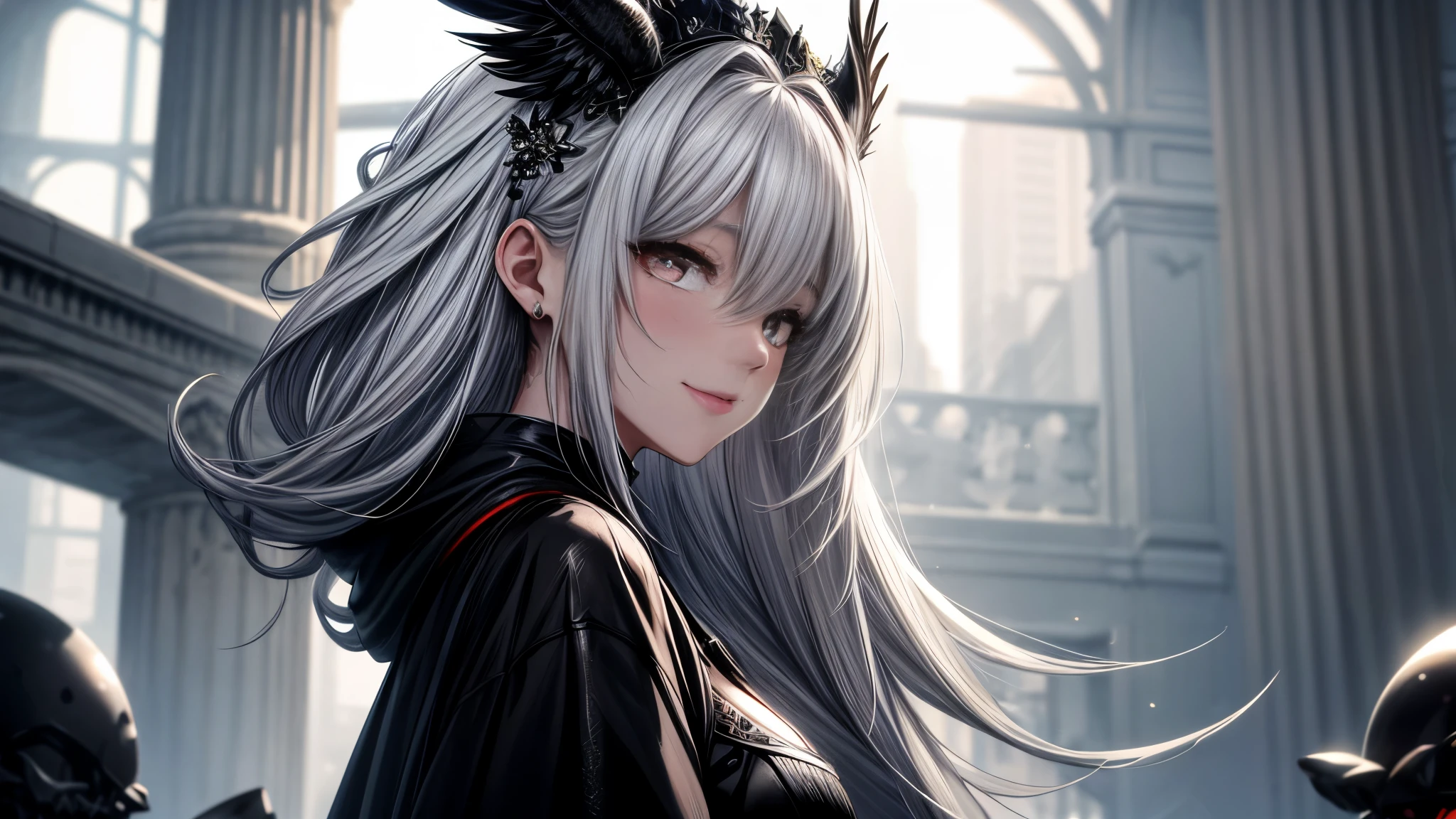 ((tmasterpiece:1.4,Best quality at best))+,(hyper-detailing)+,(Ultra-detailed eyes)+,(winged ears:1.5),
(cute girls),ar old,(golden red pupils:1.15),Long black hair,long braid,Bushy hair(wariza:1.2),pale-skinned,Seductive smile,black crystal block,Pointe-Noire,Empty eyes,Red eye lines on forehead
(She wore a shabby black robe,grey dress,bone pattern,:1.5),(black Bracelet:1.4)The sleeves are extra-long,black spiked headdress,baiyun,white colossus,Dream bubbles,black fingernails,red apple,Turn your back to everyone,tear pattern,metal chains,White skeleton
(bird feathers:1.1),
(dawn light:1.2),
(Thick black and white:1.16),(depth of fields:1.4),Complicated details,color mixing,Detailed route,Excellent,super detailing,The content is very detailed,(hight contrast:1.11),ventania,Amazing cleavage,beautidful eyes,messy hair,(best illuminate,Extremely Delicately Beautiful), ((movie light lighting)), (seen from the side:1.3),8K,tmasterpiece,Best quality at best,cinematic Film still from,1 plump girl,(Close-up cleavage:1.1),bright,Interesting,gentlesoftlighting,(bauhause,shape,line engineering,Abstract:1.1)offcial art, Unity 8k Wallpaper, ultra - detailed, Beautiful and beautiful, tmasterpiece, Best quality at best, (dynamic angle:1.4),PerfectNwsjMajic,(tmasterpiece,top-quality,Best quality at best,offcial art,Beauty and aesthetics:1.2),The content is very detailed,rich colourful,highest details,