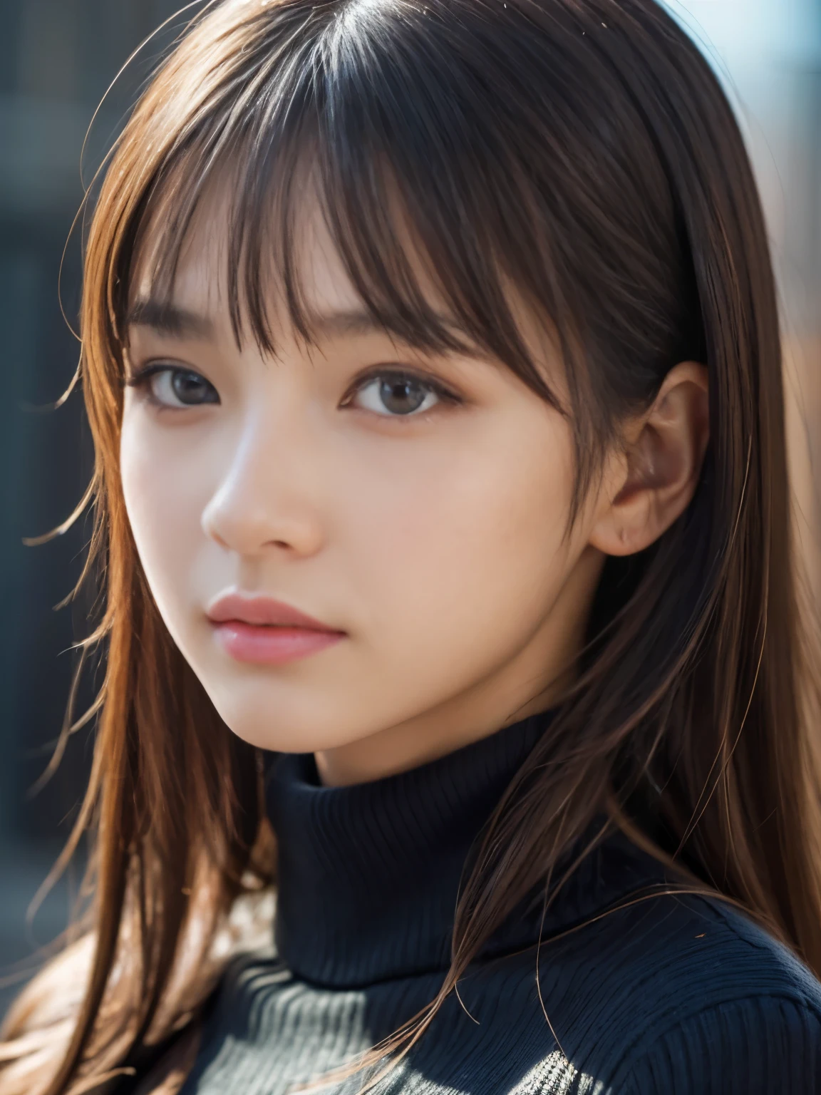 masterpiece, best quality, ultra-detailed, (17 years old), intricately detailed hyperdetailed, realistic, sharp features, highly detailed, sharp focus, perfect face, perfect face, perfect eyes, perfect lips, flexible female form, cinematic light, hyper detailed, hyper realistic, high resolution, vibrant, (Dark background), goddess-like happiness
, cheerful, straight Bangs, brown Eyes,black sweater, cowboy shot,