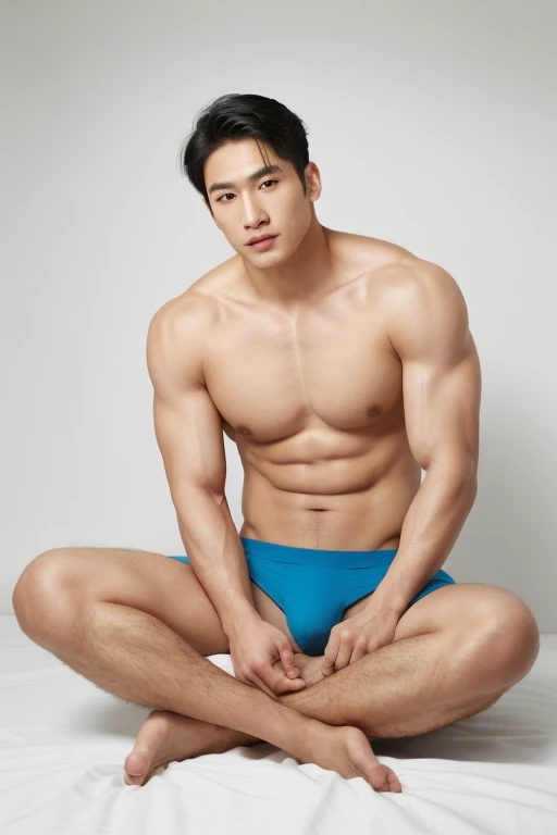 full body shot of an Asian man with very nice chiseled jaw and chest, big biceps, perfect face model, with symmetrical facial features, attractive facial features, perfect face, flawless face, perfect facial features, clean perfect symmetrical face, richly defined face, clean beautiful symmetrical face, attractive symmetrical face, perfect face and eyes, shirtless, sitting, lifted arms, spread legs, pubes, underwear