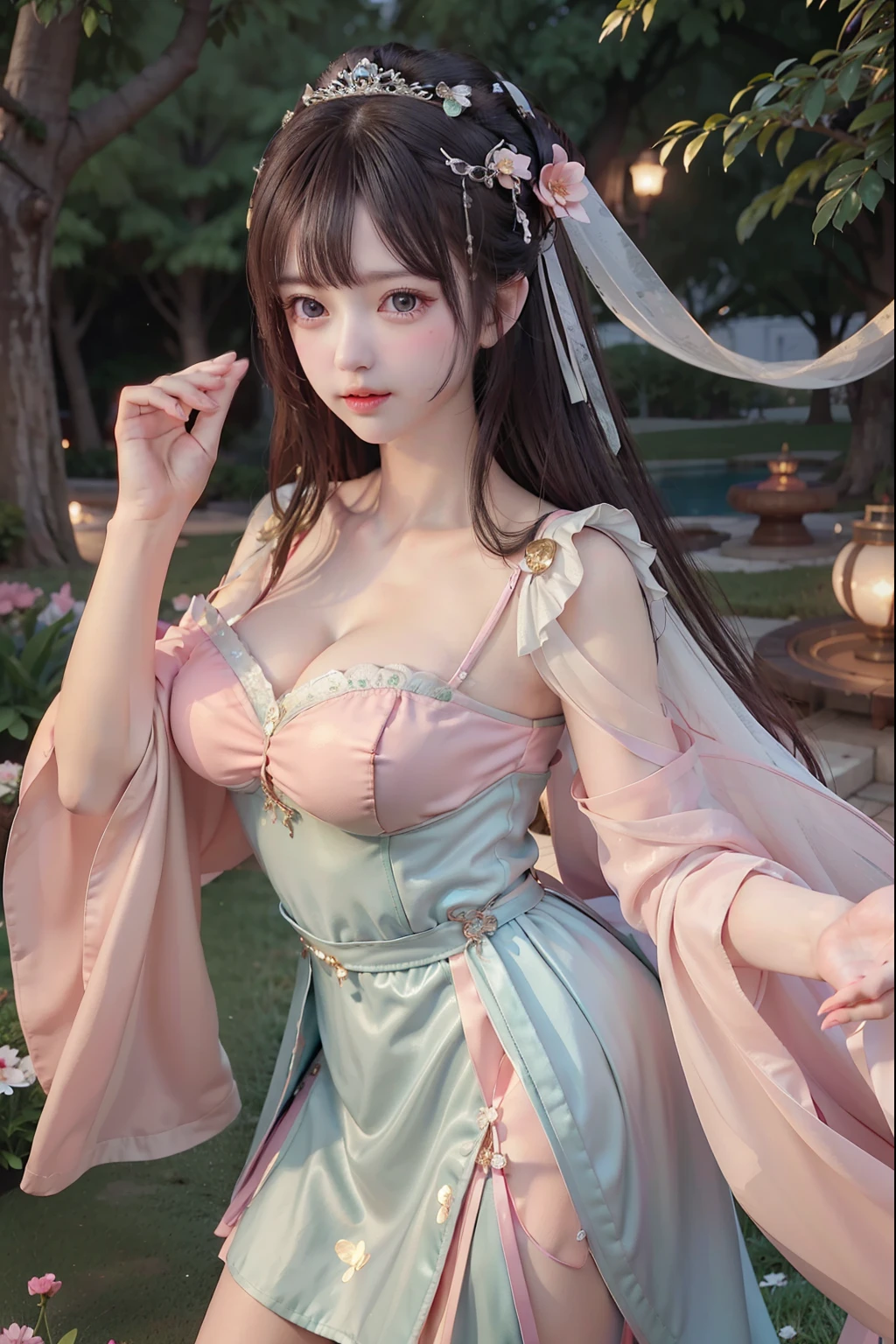 ((Masterpiece))), ((Best quality))), ((Ultra detail)), (an ultra realistic), (High Definition CG Illustration), cinematic light, Photorealistic,Very Beautiful , Light makeup, Intricate Details EABA, White Intricate Lace Cloak, Dynamic pose, Spear, a Princess 8 years old cute Hanfuopen V-chested clothes royal, All Photos, Wet body in thin silk fabric, Thin silk lace petticoat,Princess 8 years old cute, (Huge ，Cleavacoat, white pink, green ，highest quality，masterpiece，Ultra-high resolution，（realism：1.4），RAW Photos，（Real skin texture：1.3），（Film Grain：1.3），（Selfie angle），1 Giant breasts，Beautiful eyes and facial detailasterpiece，The best quality at its best，Exposing thighs and breastore exposed breasts， Detailed Hair，Looking down and towards the camera,Short Dress Princess Eyes,Super big eyes,Detailed face,Sparkling Eyes, Pink Dress (Garden,Palace of the Moon,)