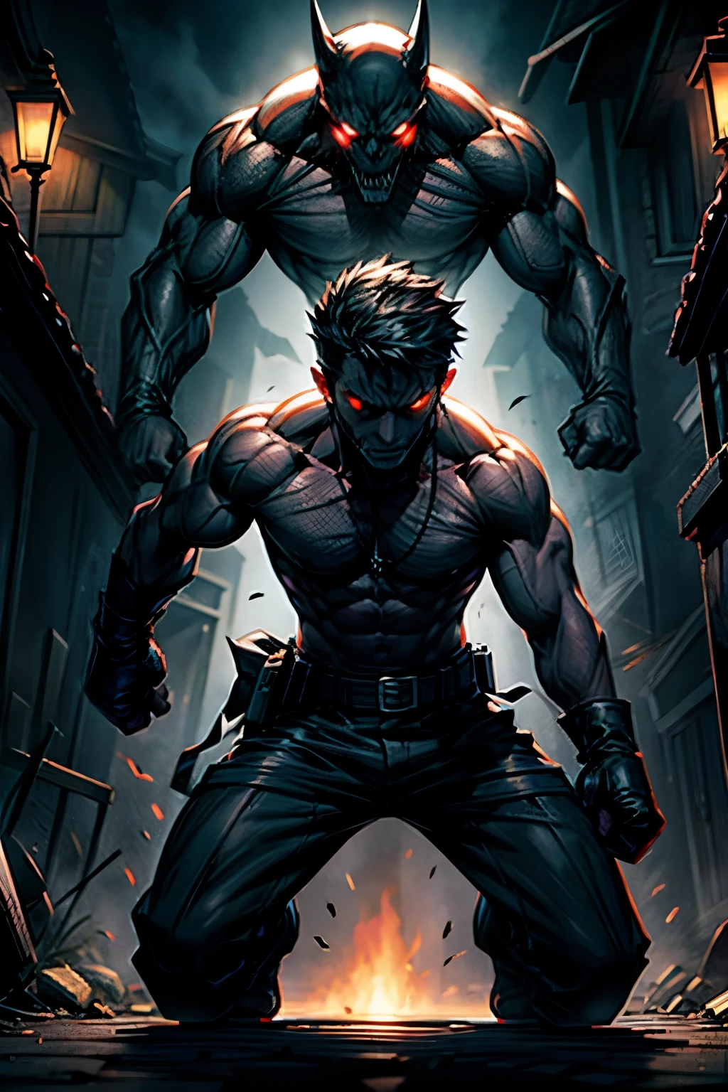 Man fighting a dark shadow, terror, frightening, dark