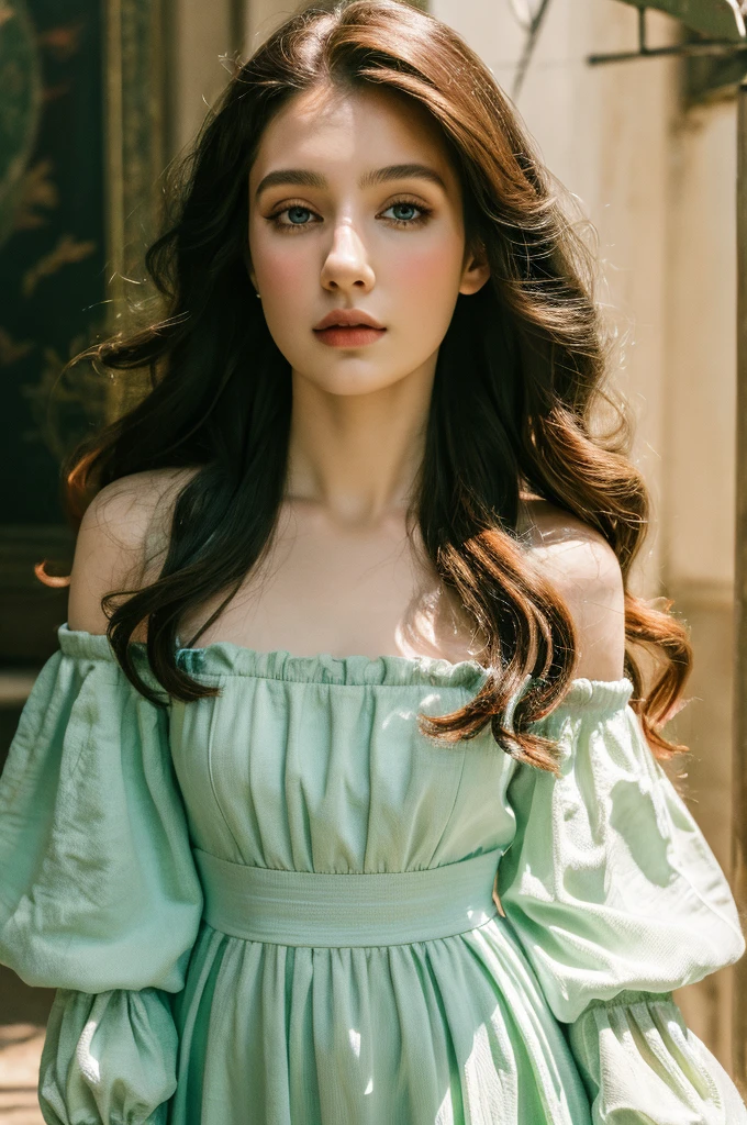 ( masterpiece, top quality, best quality,8k, girl,ultra detailed,raw photo:1.5),(photorealistic:1.4),(cinematic lighting), PerfectNwsjMajic, , Surrealism, UHD, ccurate, Super detail, textured skin, High detail, Best quality, dynamic angle, (high nose,White skin),[Beautiful blue eyes],(1girl),(good anatomy:0.5)), a woman in a dress, rococo queen, rococo fashion, rococo style portrait,rococo dress, rococo cyberpunk, No estilo de arte de Bowater, Senhora Vitoriana, Dreamy atmosphere,expressive brush strokes, mystical ambiance, Artistic interpretation, a whimsical illustration, Subtle colors and tones, sunny,face, (long hair), castle in the background ,