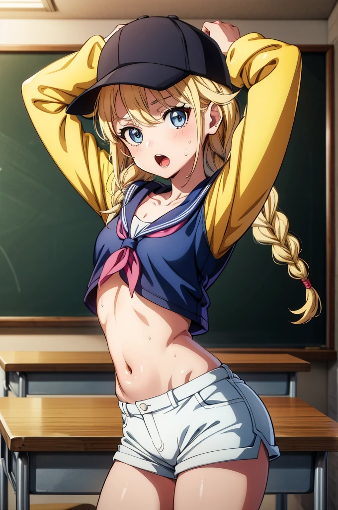 cartoon characters, 1girl, solo, navel, shorts, jacket, blue eyes, hat, classroom, breasts, blonde hair, baseball cap, open jacket, twin braids, braid, stomach, indoors, shirt, arms up, open clothes, open mouth, midriff, crop top, white shirt, short shorts, looking at viewer, white shorts, long hair, desk, school desk, sweat, cowboy shot, collarbone