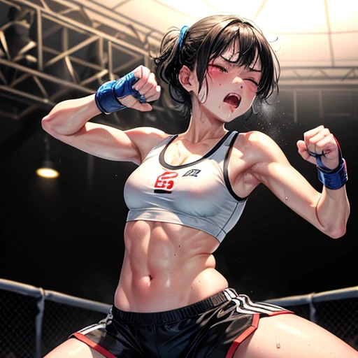 Drenched in sweat and covered in bruises, she is in a mixed martial arts ring against a female fighter. Her opponent woman beating her face belly by a fist. One eye closed and mouth open, she is gasping for breath and drooling. She is a cute Japanese high school girl with short-cut black hair. She is wearing a sports bra, high-leg shorts, and open-finger gloves. Small breasts, poor belly, slender body, poor body.