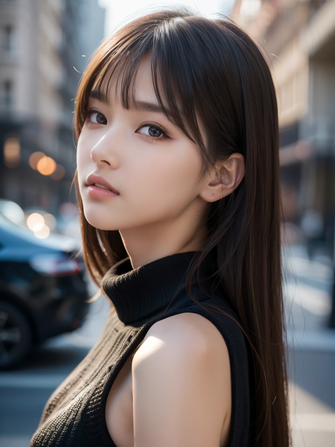masterpiece, best quality, ultra-detailed, (), intricately detailed hyperdetailed, realistic, sharp features, highly detailed, sharp focus, perfect face, perfect face, perfect eyes, perfect lips, flexible female form, cinematic light, hyper detailed, hyper realistic, high resolution, vibrant, (Dark background), goddess-like happiness
, cheerful, straight Bangs, brown Eyes,black sweater, cowboy shot,