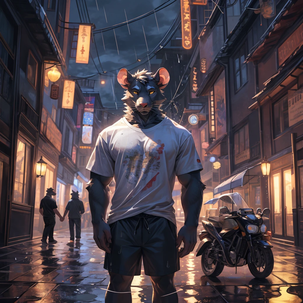 handsome male, rat, tall slinky muscular build, light silver long messy fringe, ((best quality)), ((masterpiece)), (detailed), perfect face, silver fur, gold eyes, good detailed eyes , large baggy white t-shirt, mysterious, realistic, dark street background, standing in the rain, raining, holding a glowing yellow rose, black shorts, yellow glowing rose,