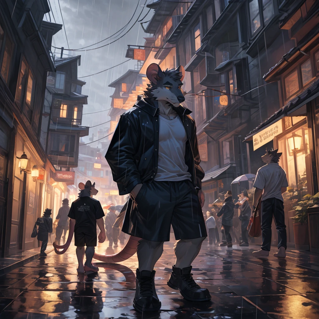 handsome male, rat, tall slinky muscular build, light silver long messy fringe, ((best quality)), ((masterpiece)), (detailed), perfect face, silver fur, gold eyes, good detailed eyes , large baggy white t-shirt, mysterious, realistic, dark street background, standing in the rain, raining, holding a glowing yellow rose, black shorts, yellow glowing rose,