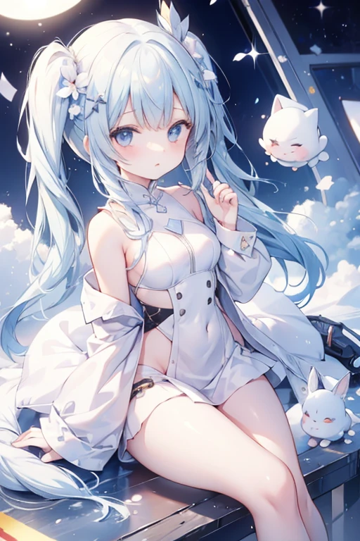 There are large white rabbits with carrots and long ears, White long ears、I'm with a girl with long blue hair and a chibi character。It is a cute sexy outfit in white and blue。White panty Dark eyes。cute forest creature, snowscape、It's snowing。Adorable Digital Painting, cute detailed digital art, the squirrel king, Cute digital art, cute cartoon characters, cute character, CuteCreatures, Cutie, official illustrations, Official art, squirrel, maplestory mouse, astri lohne, cute 3d render