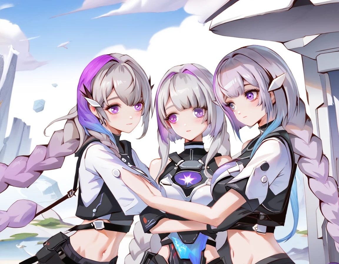 yinji,4 Girls,Hugging each other,purple_hair,purple_Eye,Very_long_hair,grey_hair,Braided_Ponytail,Large target_breast,slope_hair,