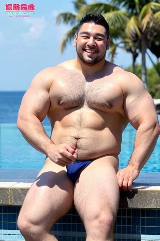 ((highest quality)), ((masterpiece)), (detailed), Perfect Face、Shaved head、Young Japanese、Muscular、Fat body、Big guy、smile、white small swimsuit、Emphasize the chest、Thick legs、Thick arms、naked、have power、Emphasizing erect genitals